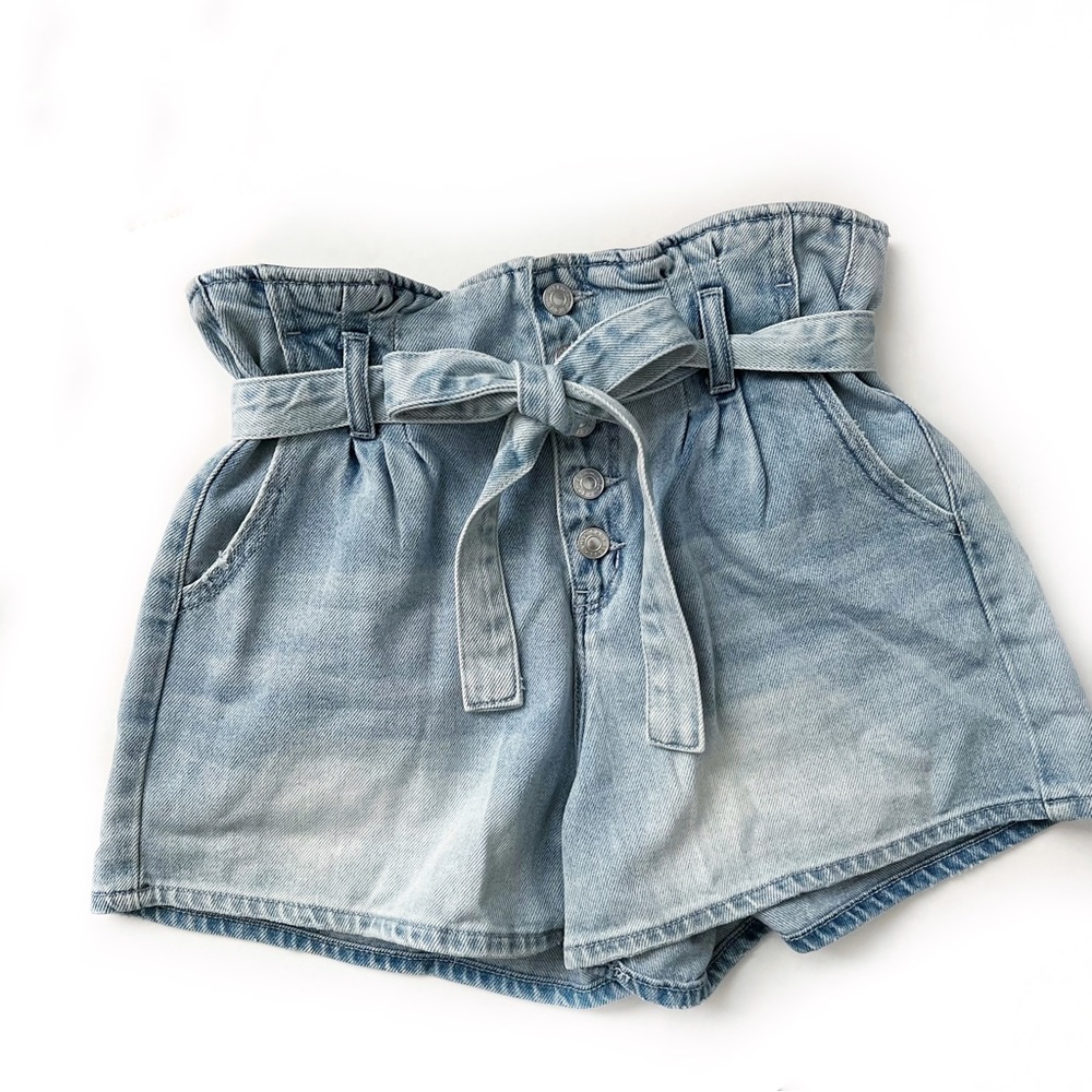 American Eagle High Rise Paper Bag Waist Button Fly Cotton Denim Shorts … - Picture 2 of 12